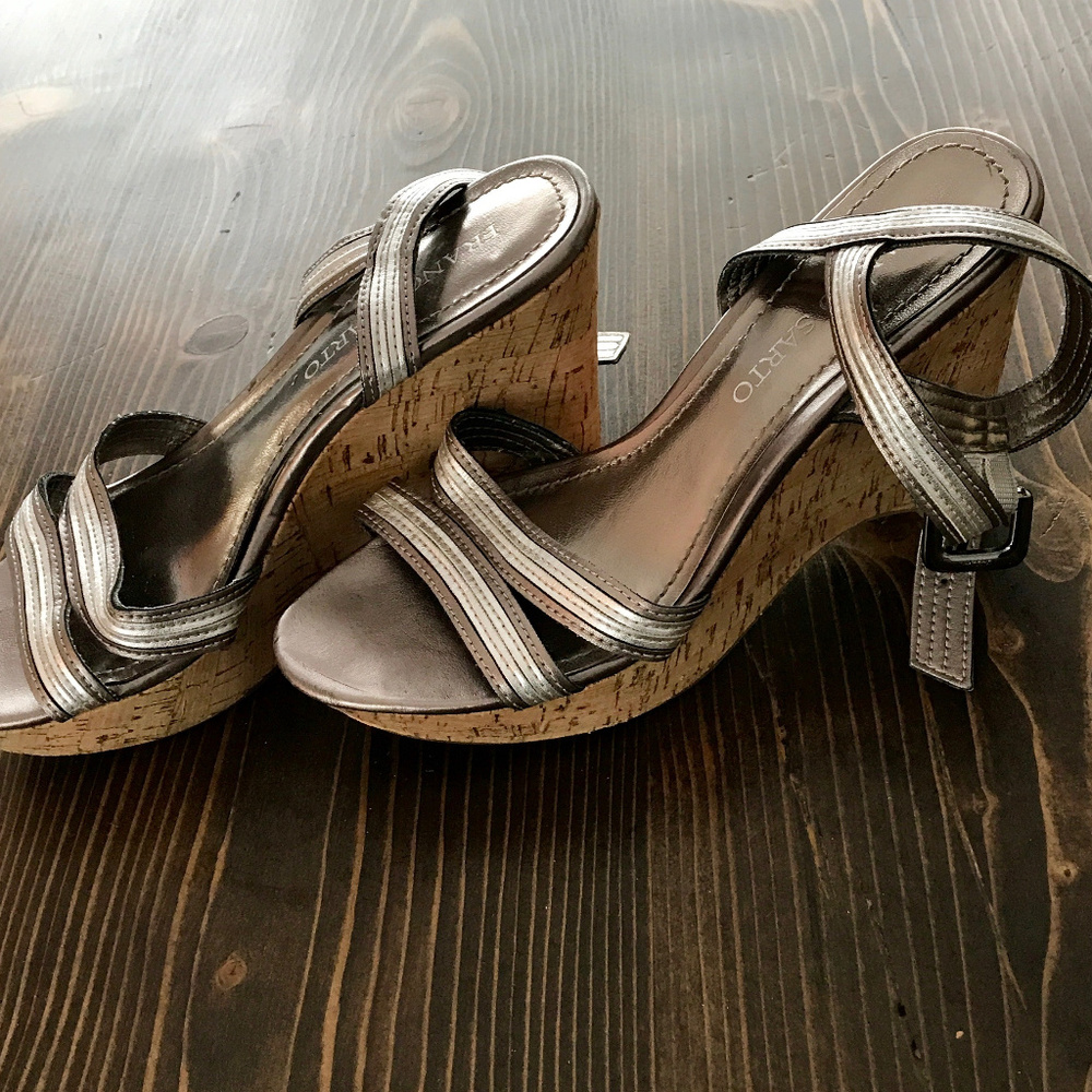 Franco Sarto silver and cork ankle strap wedges